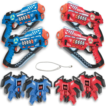 Pulse Lasergame Set — 4 blasters en 4 trilvesten in blauw en rood. Voor tieners, pre-tieners, ouders en volwassenen