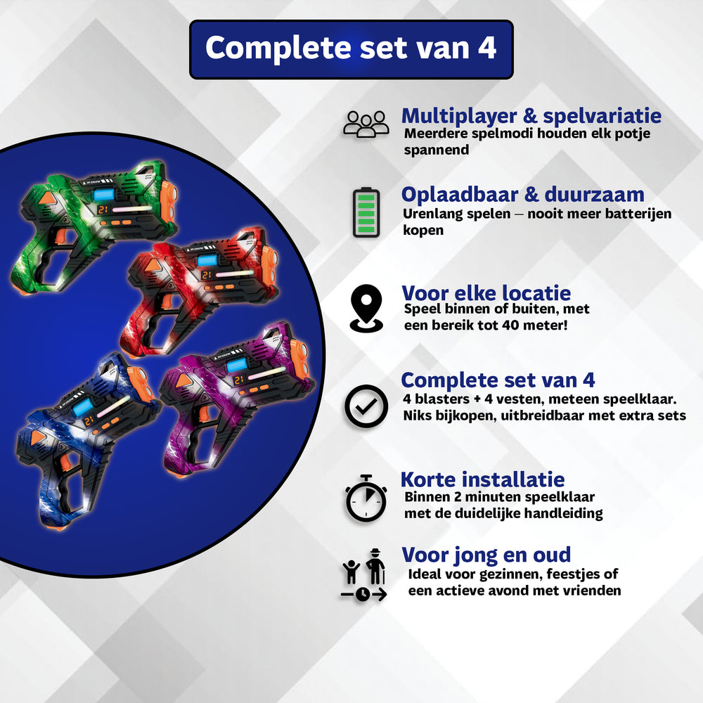 Inhoud van de Lasergame Set Base 4-speler: 4 blasters en 4 vesten
