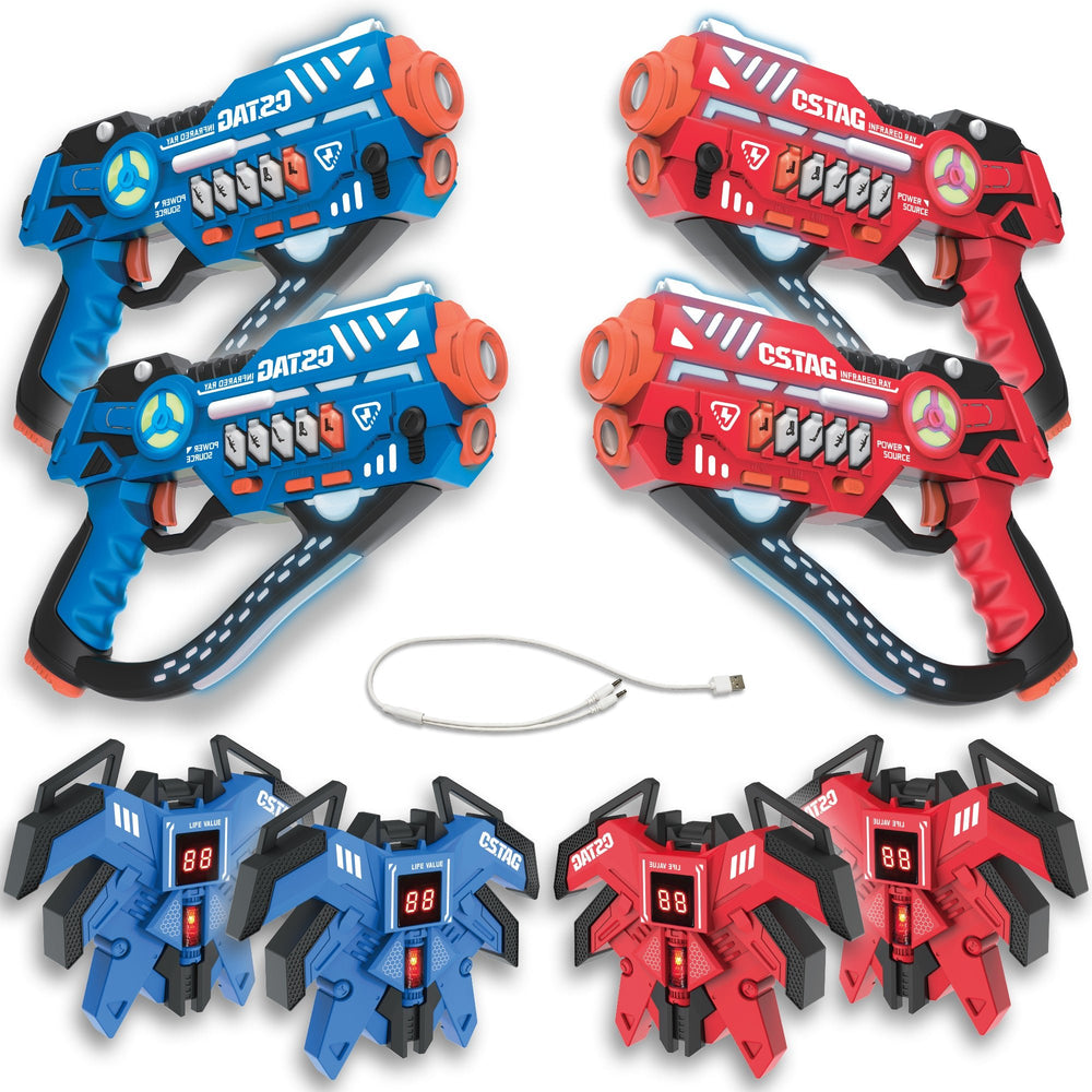 Inhoud van de Lasergame Set Pulse 4-speler: 4 blasters en 4 trilvesten